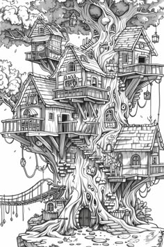 a tree house with lots of trees growing out of it's sides and houses on the top