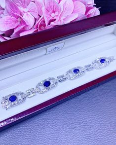 "A DREAM COMES TRUE! Gorgeous masterpiece! ONE OF A KIND Bracelet! Featuring 4 pieces of extra fine, SPARKLING CEYLON BLUE SAPPHIRES weighting a total of 11.12 carats... and 482 pieces of BIG SPARKLING, top-grade, F/VS, round and baguette Diamonds (5.94 carat in total). SET IN ONE-OF-A-KIND 18K Solid White Gold, meticulously designed and handcrafted BRACELET!  A true heirloom piece that can transcend beyond times and eras.... BRAND NEW, HANDMADE BY OUR GOLDSMITHS! DAZZLING GENUINE CEYLON BLUE SA Formal Art Deco Tennis Bracelet, Luxury Sapphire Diamond Bracelet For Formal Events, Luxury Sapphire Diamond Bracelet For Formal Occasions, Luxury Sapphire Bracelet For Formal Occasions, Formal Blue Platinum Bracelet, Blue Diamond Platinum Bracelet For Formal Occasions, Formal Blue Diamond Platinum Bracelet, Classic Hallmarked Tennis Bracelet For Formal Occasions, Classic Formal Hallmarked Tennis Bracelet