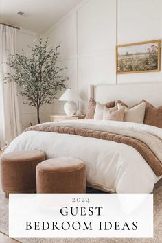 a bedroom with white walls and beige bedding is featured in the article guest bedroom ideas