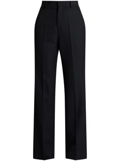 black wool pressed crease belt loops high-waisted straight leg tailored cut concealed front fastening two rear welt pockets