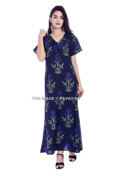 "This Beautiful Gown or can be called as Night Dress is made with super fine quality cotton Fabric. Usage - Gown, Maxi, Night Dress, Lingerie Cover Up , Sleepwear Fabric - 100% Cotton Color - Blue Pattern - Floral Size - Fit Up to 2XL Length - 55\" Inch (140 CM), Bust - 44\" Inch ( 112 Cm), Hip - 52\" Inch (132 CM) Sleeve - 7\" Inch ( 18 Cm), Shoulder - 5\" Inch ( 13 CM), Weight - 0.180 Kg * Gown has Drawstring on the Back side for Perfect Fit. * Gown has a Zipper on Front side for easy wear. * Cotton V-neck Nightgown For Sleepover, Cotton V-neck Nightgown For Bedtime, Cotton Maxi Sleep Dress, Blue Cotton Sleep Dress, Blue Cotton Dress For Pajama Party, Blue Cotton Maxi Dress For Loungewear, Blue Cotton Loungewear Dress, Blue Cotton Nightgown For Bedtime, Cotton V-neck Night Dress