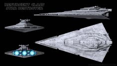 the star destroyer is shown in three different positions, including one with lights on it