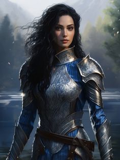 a woman dressed in armor standing next to a body of water with trees and mountains behind her