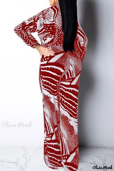 Olivia Mark - Chic and Elegant Womens Red Printed Patchwork V-Neck Long Sleeve Two-Piece Ensemble Red Printed V-neck Jumpsuits And Rompers, Red Fitted V-neck Jumpsuit, Casual Red Long Sleeve Jumpsuits And Rompers, Casual Red Long Sleeve Jumpsuit, Casual Red V-neck Jumpsuits And Rompers, Casual Red V-neck Jumpsuit, Red Printed V-neck Jumpsuit, Red Printed V-neck Jumpsuit Or Romper, Red V-neck Jumpsuits And Rompers For Loungewear