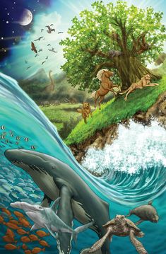 an image of the ocean with animals and fish in it's habitat, including dolphins