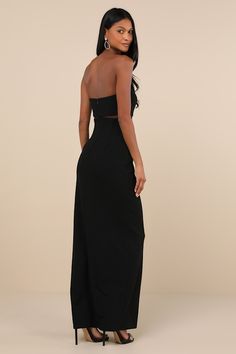 Prepare for countless admiring glances when you're wearing the Lulus Enticing Silhouette Black Mesh Strapless Maxi Dress! This alluring dress has a stretchy crepe knit fabrication that shapes a strapless bodice with a straight neckline, hidden no-slip strips, and supportive boning at the sides. A sheer mesh panel accents the high, fitted waist, all atop a column skirt with an elegant maxi hem. Hidden back zipper/clasp. Fit: This garment fits true to size. Length: Floor length. Size medium measur Maxi Length Dress With Back Zipper For Date Night, Strapless Stretch Maxi Dress, Fitted Bandeau Dress, Fitted Maxi Dress With Back Zipper For Date Night, Strapless Elastane Midi Dress For Party, Strapless Party Midi Dress, Fitted Floor-length Halter Dress For Cocktail, Fitted Maxi Dress With Back Opening For Date Night, Strapless Bodycon Halter Dress For Date Night