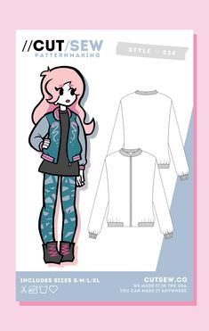 an image of a woman's jacket and leggings sewing pattern on a pink background