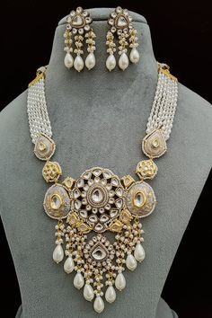 Necklace White Kundan Chandbali Pearl Necklace, Ornate Chandbali Jewelry With Stone Work, Traditional White Necklaces For Eid, White Kundan Festive Jewelry, White Kundan Jewelry With Meenakari, White Kundan Necklace For Eid, Temple Jewelry Style, White Kundan Bridal Necklace For Celebration, Traditional White Kundan Necklace With Intricate Design, White Hand Set Jewelry For Eid