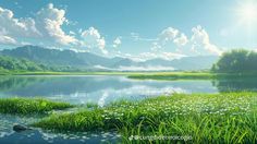 the sun shines brightly over a lake with green grass and water lilies in it