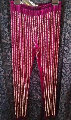 Virgo's Lounge Burgundy Velvet Leggings with Gold Bead Detail  Size Large - approximately 12/14 Make an entrance with these stunning ladies leggings!  In a rich burgundy velvet (100% viscose) with rows of hand applied gold beads Burnt Velvet Leggings, Ladies Leggings, Rich Burgundy, Velvet Leggings, Legging Outfits, Burgundy Velvet, Womens Leggings, Outfits With Leggings, Gold Beads