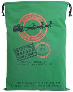 a green bag with santa's sleigh on it