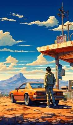 a painting of a man standing in front of a gas station with an orange car