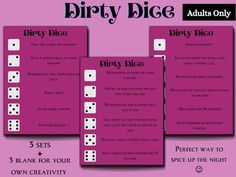 three dices are shown with the words dirtyy big on them and four smaller ones in