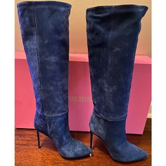 Navy Blue Suede Boots With Croc Embossed , Leather Covered, 4” Stiletto Heel. Worn Twice. Camel Leather Lining. Excellent Condition. Chic Blue Pointed Toe Boots, Blue Pointed Toe Heeled Boots For Formal Occasions, Chic Blue High Heel Boots, Chic Blue High Heeled Boots, Chic Blue Heeled Boots For Formal Events, Fitted Blue Luxury Boots, Elegant Blue Heeled Boots For Fall, Blue Pointed Toe Boots For Formal Occasions, Formal Blue Pointed Toe Boots