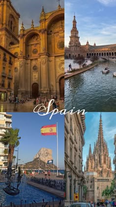 the collage shows different views of spain and other countries, including cathedrals, boats, and buildings