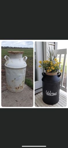 an old white urn sitting on top of a porch next to a potted plant