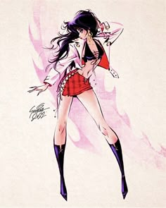 a drawing of a woman with long black hair wearing a red skirt and white jacket