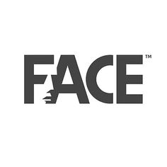 the face logo is shown in black and white, with an orange stripe across it