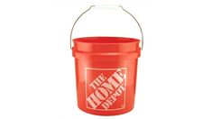 a red bucket with the words home depot on it