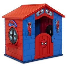 a red and blue play house with spiderman decorations