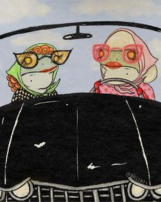 two birds are sitting in the back of a car with sunglasses on and one bird has its head out