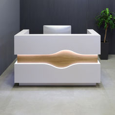 Introducing the Wave Custom Reception Desk: Redefine your space with elegance. Tailored to perfection, offering sizes from 60 to 90 inches. Meticulously crafted from plywood and MDF, with a wide range of laminate options to suit your style. Fresh and innovative, this new model boasts enduring quality and scratch-resistant surfaces. Reception Counter Design, Front Desk Design, Custom Reception Desk, Reception Desk Counter, Desk Counter, Counter Desk, Cabinet Options, Reception Counter, Counter Design