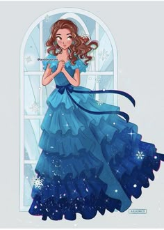 a drawing of a woman in a blue dress with snowflakes on her skirt