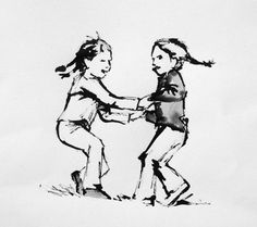 black and white drawing of two children playing with each other