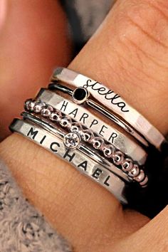 This baby name ring stack is the perfect sentimental gift for moms! These stackable kids name rings pair perfectly with kids birthstone rings & are the perfect simple meaningful jewelry pieces to add to your collection. Shop all of our custom personalized jewelry and silver name rings here! Stackable Name Rings, Grandmother Jewelry, Stacked Rings, Rings Stacking, Ring Spacer, Name Ring, Stacking Ring Set, Name Rings, Round Pendant Necklace