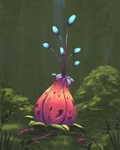 a painting of a strange looking object in the middle of some grass and plants with blue flowers sticking out of it