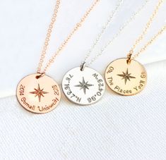 "♥ Personalized disc necklace with compass is a meaningful graduation gift for your daughter, sister or girlfriend and for young men. You can add the name or initials and the graduation year on this disc. Also, it can be personalized with the coordinates, numbers, monograms, and symbols. This elegant necklace also can be a perfect gift for any other occasions ♥ M A T E R I A L S * A N D * D E T A I L S We use the highest quality USA and Italy made materials: - 925 Sterling silver, - 14K Gold fil Meaningful Graduation Gifts, North Star Necklace, Clean Sterling Silver, Distance Gifts, Graduation Year, Gold Beauty, Compass Necklace, Long Distance Gifts, Team Blue