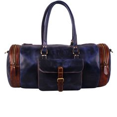 Blue Duffle Bag With Large Capacity For Trips, Blue Large Capacity Duffle Bag For Trips, Blue Duffle Bag With Luggage Sleeve For Overnight Trips, Large Capacity Blue Duffle Bag For Trips, Blue Leather Bag With Leather Trim, Blue Travel Bag With Leather Handles, Blue Weekender Bag For Overnight Trips, Blue Leather Shoulder Bag With Leather Trim, Blue Travel Bag With Leather Backing