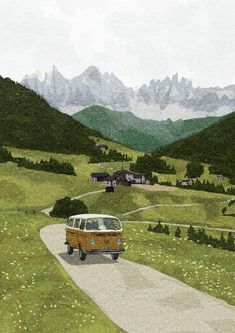 a van driving down a road with mountains in the background