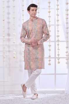 Pink straight kurta with multi colored kalamkari floral Mughal prints. Comes with solid pyjama. - Aza Fashions Festive Multicolor Floral Print Kurta, Multicolor Floral Print Kurta For Diwali, Multicolor Floral Kurta For Diwali, Traditional Multicolor Floral Print Kurta, Multicolor Floral Print Kurta For Festivals, Multicolor Floral Traditional Wear For Eid, Multicolor Printed Kurta With Traditional Drape, Multicolor Traditional Drape Kurta With Printed Motifs, Traditional Drape Multicolor Kurta With Printed Motifs