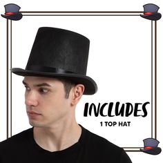 • It is made out of 100% high-quality polyester. Contains a classical black top hat for you to go with any style you like. This set is perfect for your playful look!• It is designed to look like a real magician and is perfect for any event.• Super durable and made with superior quality. • One standard size - fits most grown-ups. • Item# 21128-SL Black Formal Hats For Halloween, Black Top Hat For Costume, Fitted Black Top Hat For Costume, Black Fitted Top Hat For Costume, Black Top Hat For Halloween Cosplay, Black Halloween Top Hat With Short Brim, Black Costume Hat With Curved Brim For Themed Events, Black High Crown Hats For Costume Party, Black Adjustable Top Hat For Costume Party