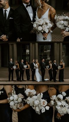 the bride and grooms are posing for pictures with their bridal party in black tuxedos