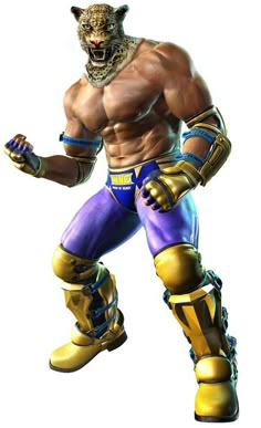 an image of a man with a tiger mask on and purple pants in front of him