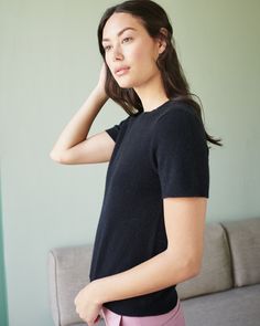 The classic cashmere Tee Shirt spun from 100% Grade A Mongolian cashmere. Super soft and lightweight, this short sleeve cashmere sweater is a wardrobe staple for layering all year round. Tees are meant for everyday wear. Now yours can be cashmere.  | Quince | Women's Mongolian Cashmere T-Shirt in Black, Size Small Quince Tops, 100 Grade, Travel Inspo, Christmas 2024, Cashmere Sweater, Natural Fabrics, Quince, Fashion Tees, Cashmere Sweaters