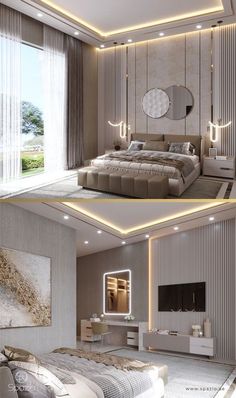 two pictures of a modern bedroom with white furniture