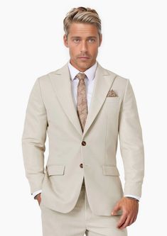 Hudson Ivory Cotton Suit - SARTORO Beige Single Breasted Three-piece Suit For Business Casual, Luxury Beige Blazer For Semi-formal Events, Beige Three-piece Suit With Notch Lapel For Business Casual, Beige Notch Lapel Three-piece Suit For Business Casual, Timeless Beige Blazer For Formal Occasions, Elegant Beige Blazer With Welt Pockets, Luxury Beige Single Button Blazer, Luxury Beige Single-breasted Suit, Semi-formal Beige Suits With Welt Pockets