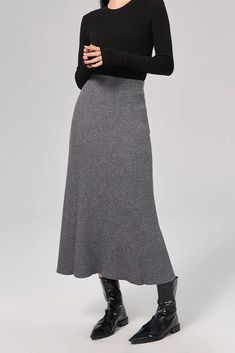 Sophisticated A-line Skirt: Resilient Washable Wool-blend Mastery Our A-line skirt, knit from a blend of washable wool, captures elegance in its purest form. The mid-high waist design elongates the silhouette, while the soft and resilient fabric ensures comfort all day. Style #: WKAI207 A Line Wool Skirt, Grey Knit Skirt, Wool Skirt Outfit, Warm Skirt, Long Skirt Pattern, Thrift List, Long Wool Skirt, Midi Skirt Fall, Skirt Knit