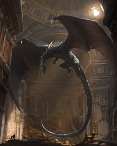 a large dragon flying through the air next to a building