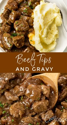 A collage of beef tips and gravy in a skillet with a spoon and with mashed potatoes. Beef Tip Meals, Main Dishes For Dinner Beef, Slow Cooker Beef Tips And Gravy, Beef Stew And Mashed Potatoes, Beef Tips And Gravy Instapot, Cubed Meat Recipes, Dinner Ideas With Beef Stew Meat, Easy Beef Tips And Gravy Crock Pots, Steak Dinner Ideas Crock Pots