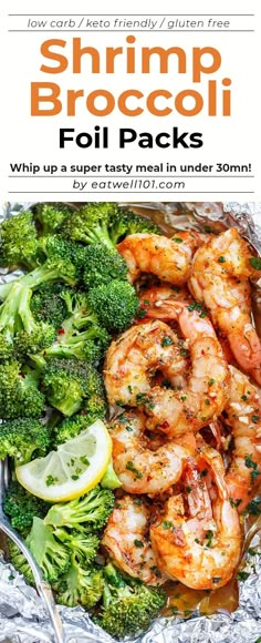 shrimp and broccoli foil packets with lemon wedges on the side for garnish