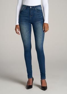 About Our Tall Women’s Jeans These will go with literally everything in your closet. No matter what Gen Z might say, women’s tall skinny jeans will always be an everyday wardrobe staple in our books. The versatile denim is meant to fit tight to your figure, which means the proportions need to be on point. Our skinny jeans for tall women have been measured to fit your long legs and torso so you can wear them with confidence. The soft denim provides just the right amount of stretch while still bei Everyday Denim Blue Jeggings, Blue Straight Leg Jeggings For Everyday, Everyday Fitted Blue Jeggings, Georgia Style, Jeans For Tall Women, Virtual Wardrobe, Clothing For Tall Women, Cute Blouses, Tall Jeans