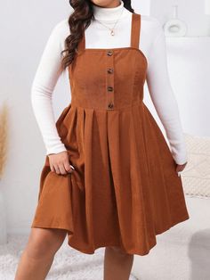 Plus Button Front Overall Dress Without Tee Brown Casual  Sleeveless Fabric Plain Pinafore Non-Stretch  Women Plus Clothing, size features are:Bust: ,Length: ,Sleeve Length: Dungarees Outfits, Cute Church Outfits, Cotton Dress Indian, Dungaree Dress, Suspenders For Women, Fall Winter Looks, Skirt With Buttons, Dress Indian, Suspender Dress