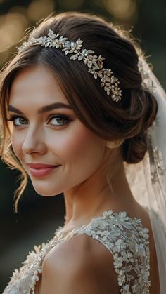 a woman in a wedding dress with a veil on her head wearing a tiara