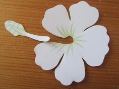 a white flower with green stripes is on the table next to a spoon and fork