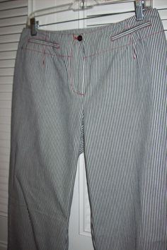 "Vintage Harve Benard striped cotton pants with red stitching, two back pockets. Waist measures 29\", hip 40\". overall length 40 1/2\". Perfect. No flaws of any kind. Stored with TLC Comes from a smoke-free home." Fitted Pinstripe Cotton Pants, Fitted Cotton Pants With Vertical Stripes, Pinstripe Cotton Pants With Welt Pockets, Cotton Pinstripe Pants With Welt Pockets, Striped Cotton Pants With Welt Pockets, Striped Cotton Bottoms With Welt Pockets, Wide Leg Pinstripe Cotton Pants, Pinstripe Cotton Trousers, Pinstripe Straight Leg Cotton Pants