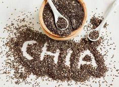 chia seeds in a wooden bowl with spoons on the side that says chia